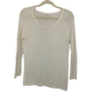 Loft Sweater Top Womens LP (Fit Small) Ivory Pointelle Cotton Knit Casual Ladies